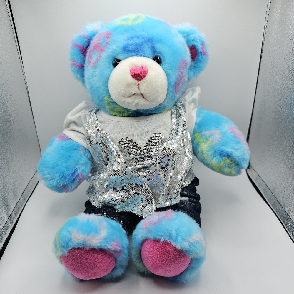 Build A Bear Peace Sign Blue Bear Rainbow Peace Plush Stuffed Bear with clothes